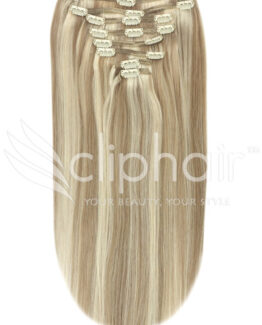 18" single-wefted remy human hair clip-in extensions #18/613
