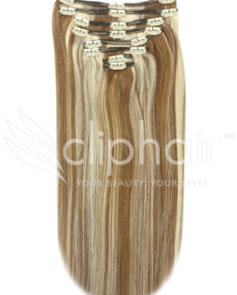 16" double-wefted remy human hair clip-in extensions #6/613